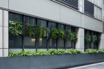 Lush Green Wall with Various Plants in Urban Setting Along Modern Building Facade