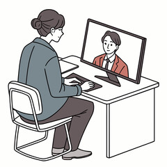 Woman in business attire having a video conference call with a man on her computer screen