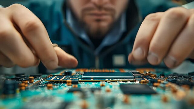 A technician meticulously assembles a circuit board, showcasing attention to detail and craftsmanship within the realm of technology and innovation in electronics.
