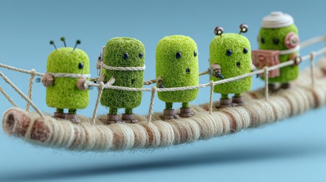 Miniature robots weaving cables in a small intestine segment on a soft blue background