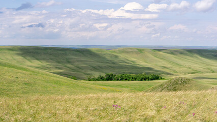 Long mountains. Expansive green hills under a bright blue sky with fluffy clouds, showcasing the beauty of nature and tranquility in a serene landscape environment