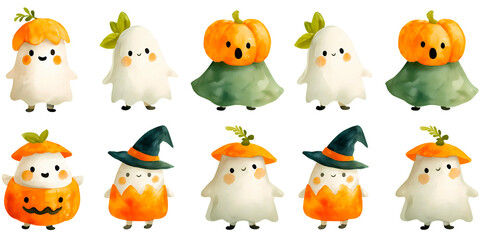 watercolour of Halloween ghosts  wearing melting pumpkin hats and Halloween costumes