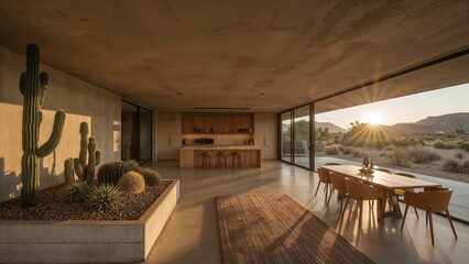 Modern desert home interior with sunlit cactus garden and kitchen dining area showcasing contemporary architecture