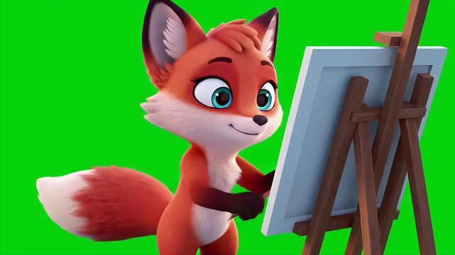 Animated Cartoon Fox Enthusiastically Painting on Canvas with Green Screen Background for Decoration or Education, Ideal for Customizable Visual Storytelling, Perfect for Animated Projects