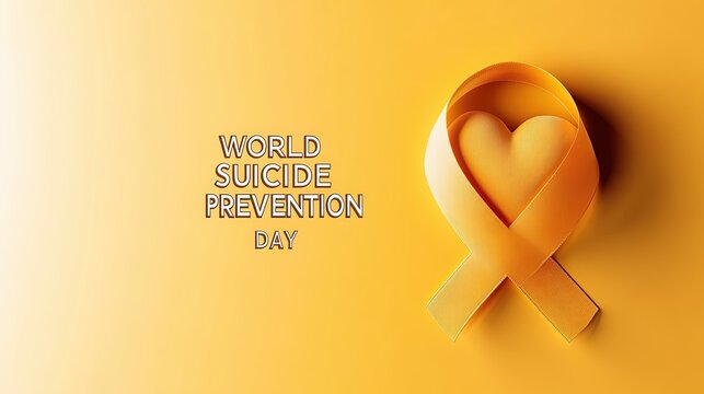 "WORLD SUICIDE PREVENTION DAY" text next to a yellow ribbon with a heart, symbolizing hope and support. The background is a gradient of yellow and white, representing light and care. - Powered by Adobe