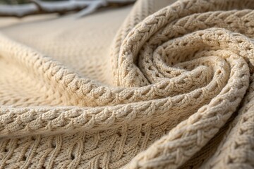 Cozy knitted blanket with intricate pattern draped elegantly in soft natural light