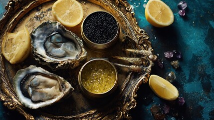 Oysters and caviar on an ornate golden tray with lemons against a teal background