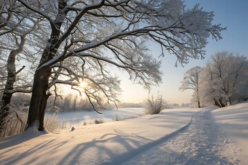 Serene Winter Landscape with Frosty Trees and Soft Sunlight along a Snowy Pathway