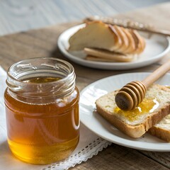 Fresh golden honey in a glass jar with a wooden dipper, served on a slice of white bread for a rustic breakfast.