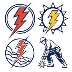Collection of stylized lightning bolt symbols and an electrician performing work