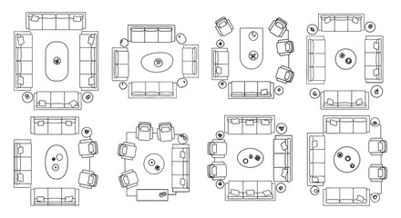 A varied collection of eight distinct top-down architectural floor plan layouts showcasing modern meeting room and dining area configurations for design.