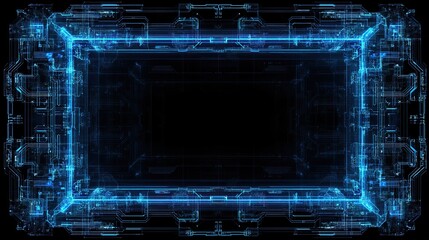 Glowing blue futuristic frame with intricate circuits against a dark background