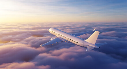 Fototapeta premium White Passenger Airplane Soaring Above Clouds at Sunset.