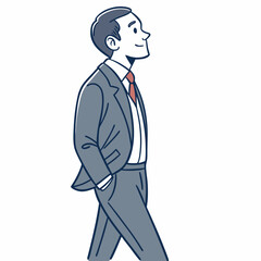 A smiling businessman in a gray suit and red tie walks confidently with his hands in his pockets