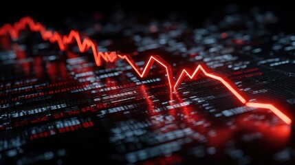 Fototapeta premium A red declining stock chart line on a digital screen represents a sharp market drop or financial loss in trading and investment
