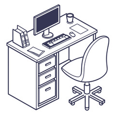 Clean isometric line art drawing of a modern office desk with computer and chair