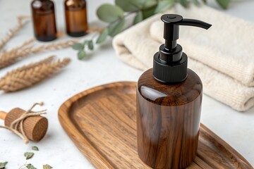 Elegant wooden soap dispenser on a rustic tray surrounded by natural elements and towels