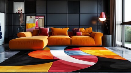 abstract patterned carpet in bold colors on minimal interior background