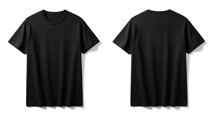 Front and back view of a black tshirt isolated on white background