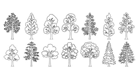 A comprehensive collection of diverse tree outline vector illustrations, showcasing various deciduous and coniferous species for design and graphic projects.