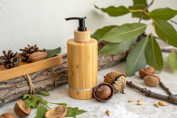 Eco-Friendly Bamboo Pump Bottle with Natural Elements for Sustainable Beauty or Skincare