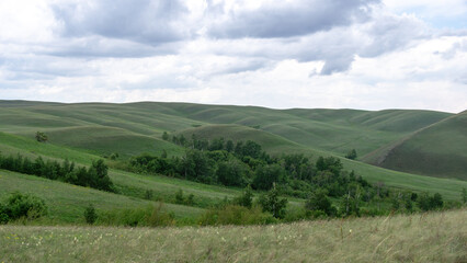 Long mountains. Rolling green hills stretch across the landscape under a cloudy sky, showcasing the beauty of nature and the tranquility of the countryside in a serene environment