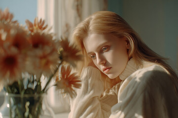 Naklejka premium teenager in bright room exudes soft energy while observing flowers in vase