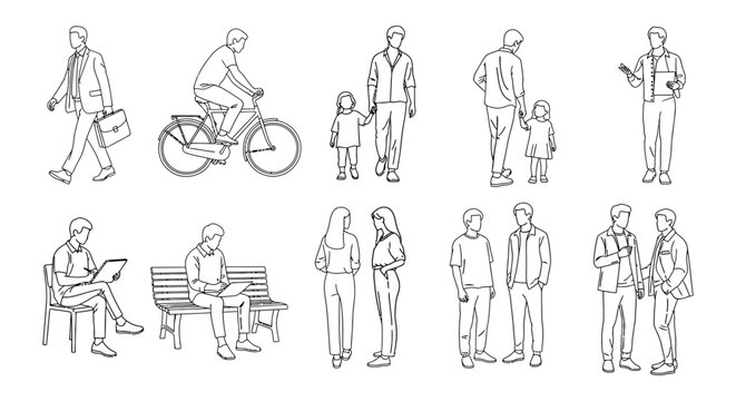 A collection of diverse line art illustrations depicting various people engaged in everyday activities, suitable for architectural plans and graphic design projects.