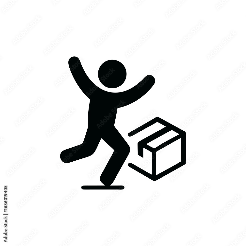 Poster excited stick figure running toward package icon representing delivery shipping and receiving with e