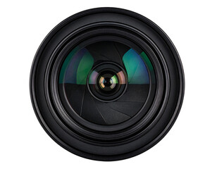 Wide-Angle Camera Lens Front Element with Lens Hood Attached, Studio Lighting, Isolated on Transparent Background PNG