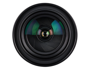 Wide-Angle Camera Lens Front Element with Lens Hood Attached, Studio Lighting, Isolated on Transparent Background PNG