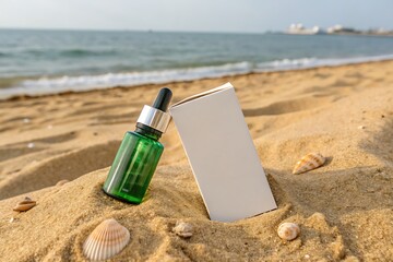 Green Glass Dropper Bottle on Sandy Beach with Seashells and Ocean in Background