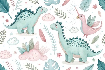 Cute watercolor dinosaur pattern for kids isolated on white background
