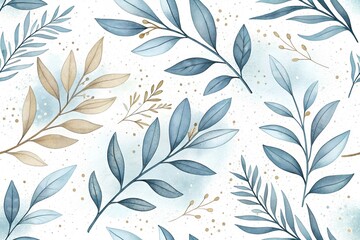 Blue and gold botanical leaf pattern watercolor isolated on white background