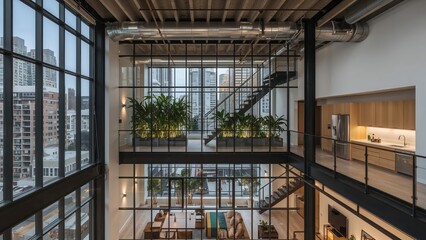 Modern industrial loft apartment interior featuring floor to ceiling windows city views open plan kitchen and living space