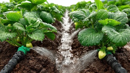 Strawberry plants receiving treatment from a tractor-mounted ammonia injector