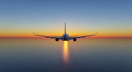 Airplane in Flight over Ocean at Sunset.