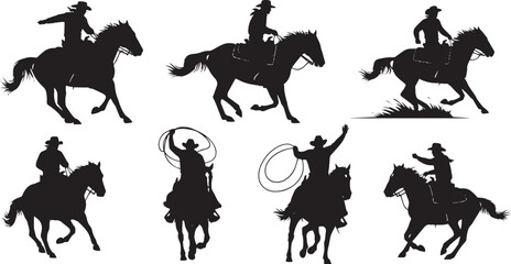 Cowboy on horse silhouettes vector set