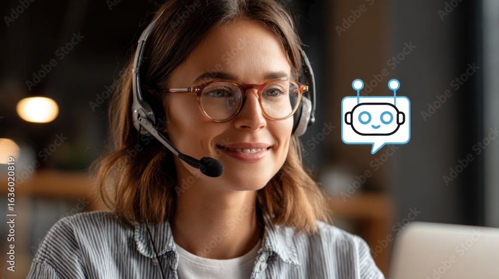 Poster modern communication: a smiling professional with glasses and a headset is deeply engaged in convers