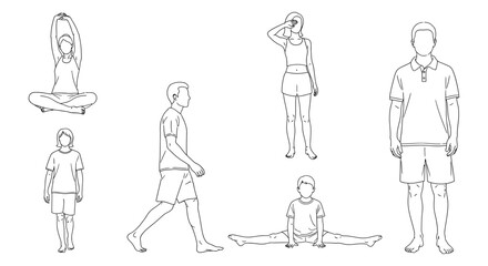Diverse line art illustrations showcase human figures performing a range of exercise and stretching poses, emphasizing physical wellness and an active lifestyle.
