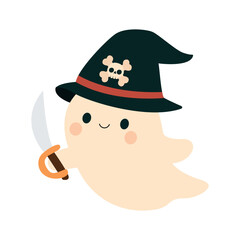 Cute smiling ghost in a pirate costume and small sword. Adorable Halloween character in flat style, perfect for stickers, postcards, and holiday decor.