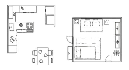 Detailed black and white architectural floor plans showcasing modern kitchen and bedroom layouts, ideal for interior design and home renovation projects.