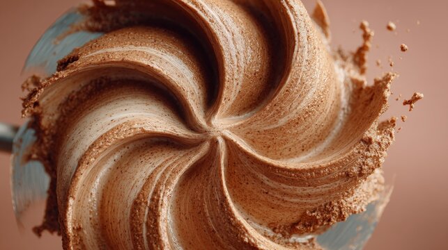 Stainless steel agitator blending almond butter against a blush pink backdrop