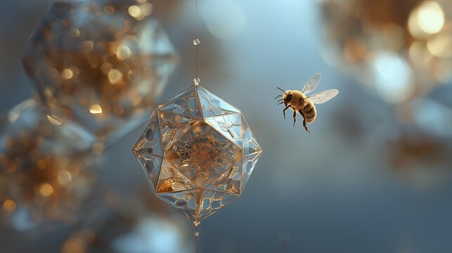 A delicate bumblebee hovering over glowing geometric honeycomb structures with a medicinal aura.