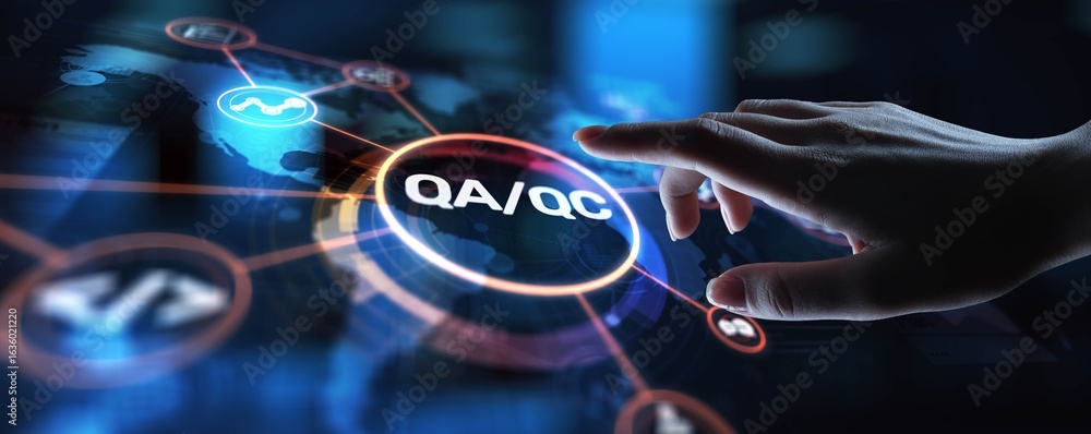 Poster qa qc quality assurance and quality control for product excellence, projection on a virtual screen, 
