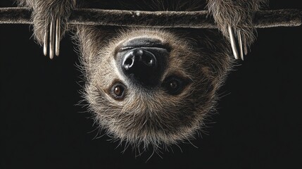 Upside-down sloth clings to a branch, staring forward with brown eyes