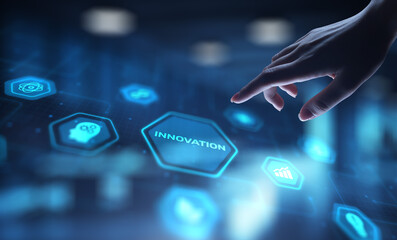 Innovation Driving Business Growth and Technological Advancement, projection on a virtual screen,...