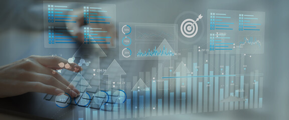 Business Data Analytics and KPI Performance Tracking Dashboard on Digital Tablet Interface.