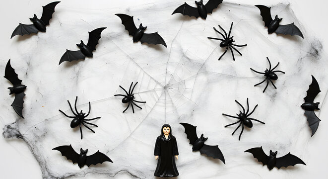 halloween, decoration and scary concept - black flying bats and spiders on web over white background - Powered by Adobe