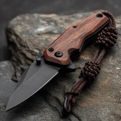 Folding knife on rock surface with lanyard detail
